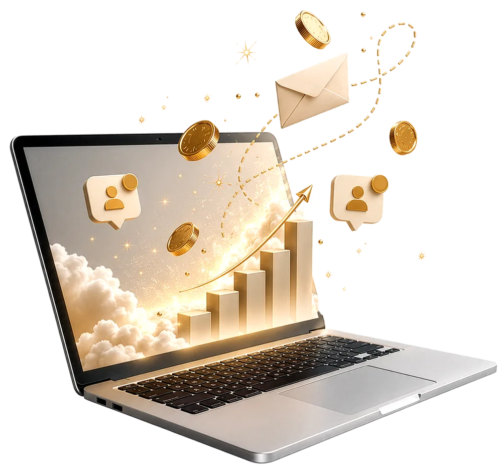 Laptop showing audience growth with email and revenue icons