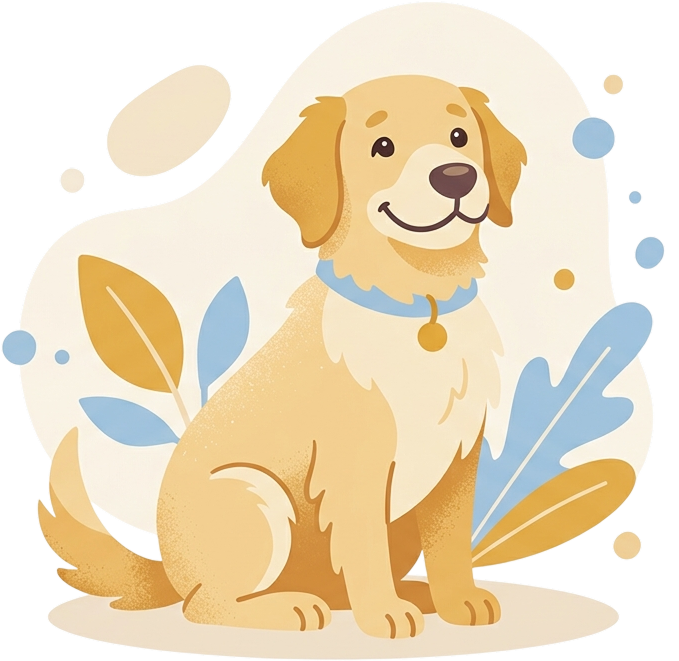 Illustration of a golden retriever wearing a blue collar with blue leaf accents
