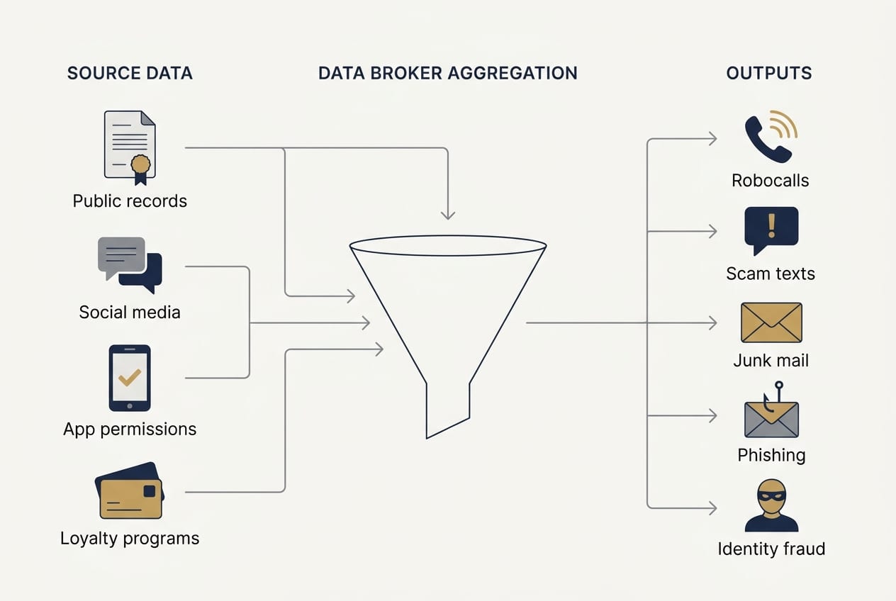 Diagram: source data (public records, social media, app permissions, loyalty programs) is aggregated by data brokers and resold as robocalls, scam texts, junk mail, phishing, and identity fraud.