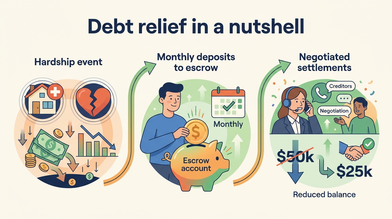 Debt relief in a nutshell: hardship event leads to monthly deposits into an escrow account, which funds negotiated lump-sum settlements with creditors.