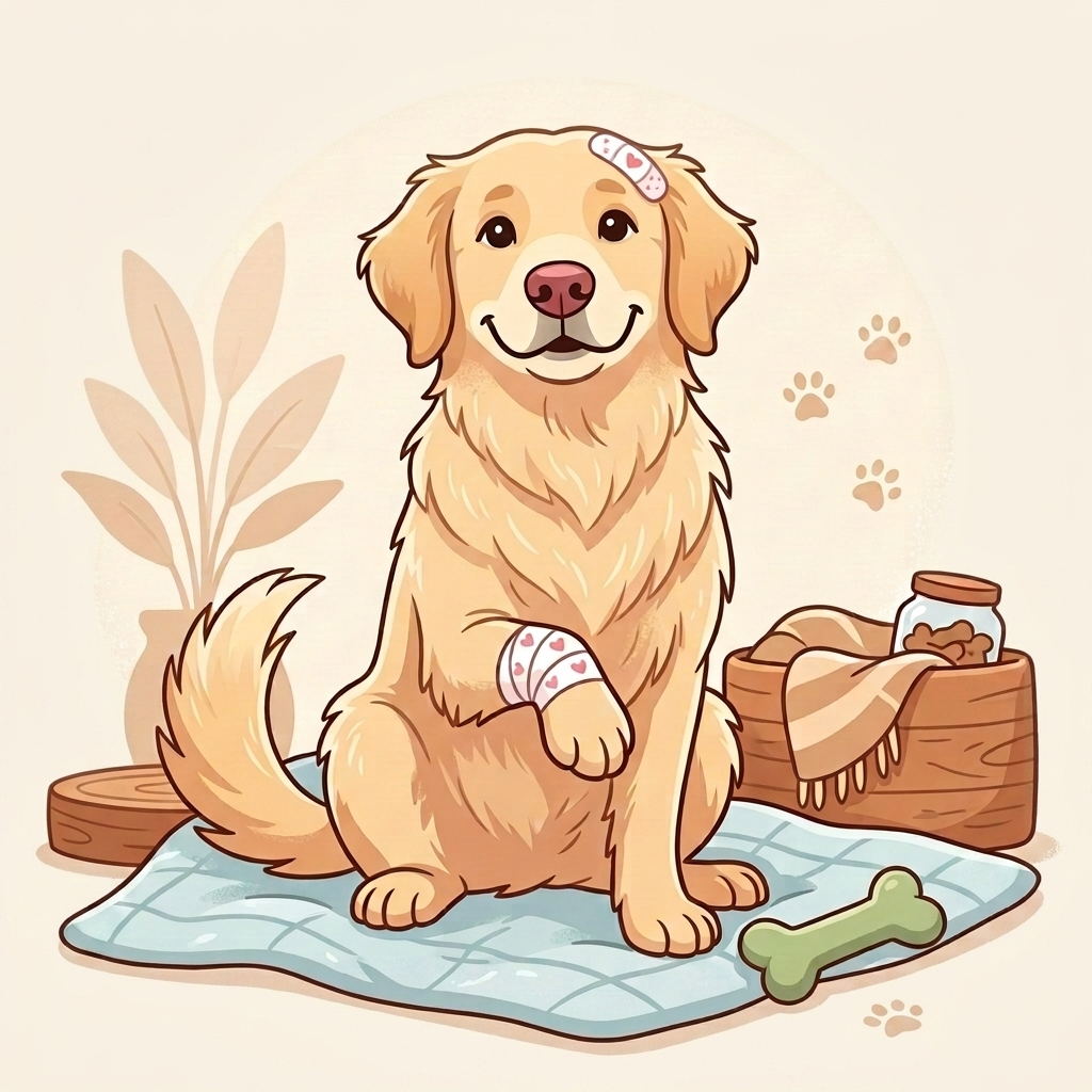 Cartoon golden retriever with bandages, recovering happily