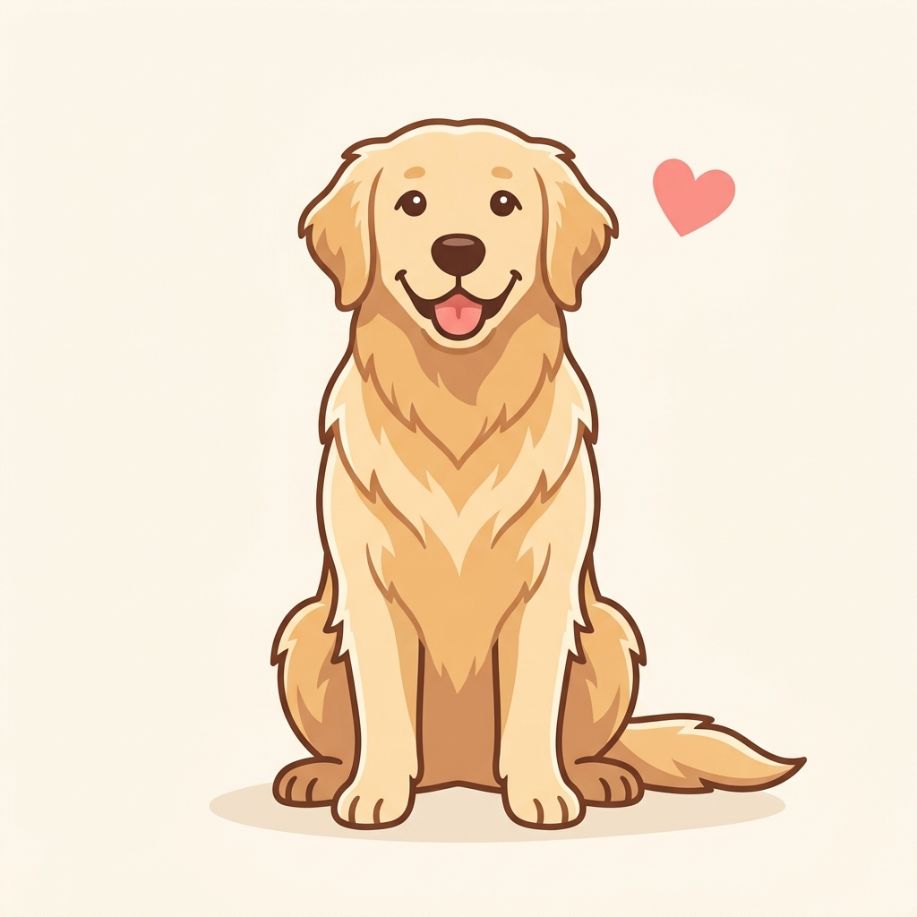 Cartoon golden retriever, happy and healthy with a heart icon