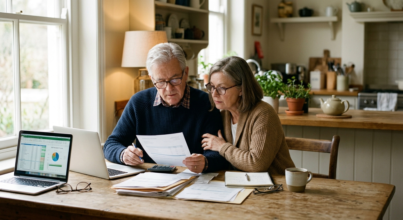 A retirement-age couple reviewing household bills and finances at their kitchen table