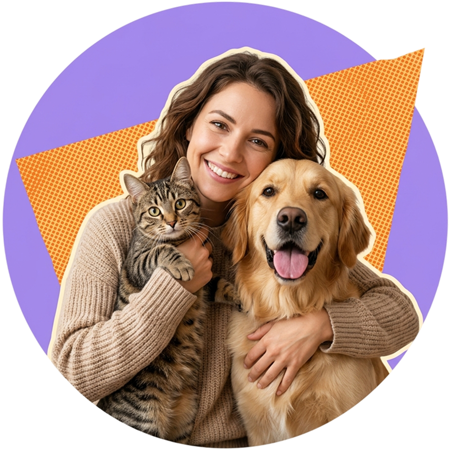 Smiling woman holding a cat and a golden retriever