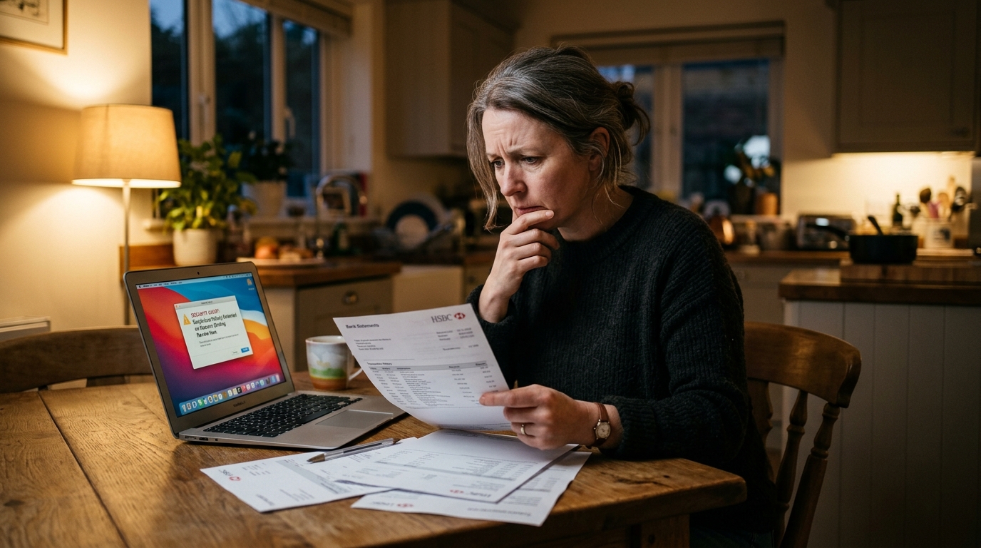 A person reviewing bank statements and a security alert on a laptop