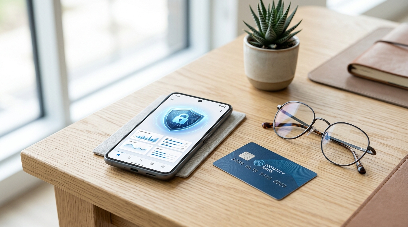 A smartphone displaying an identity monitoring dashboard with a shield lock icon, beside a credit card.
