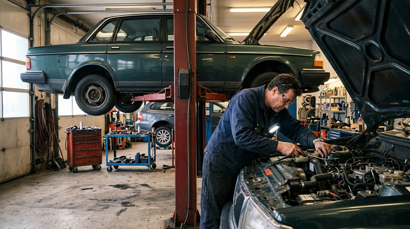 A mechanic inspecting the engine of an older vehicle raised on a repair-shop lift