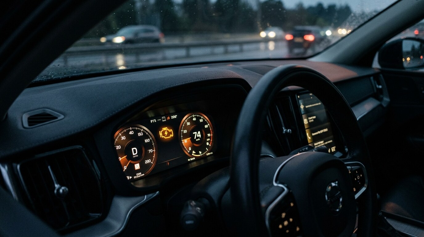 A car dashboard with the check-engine warning light illuminated.