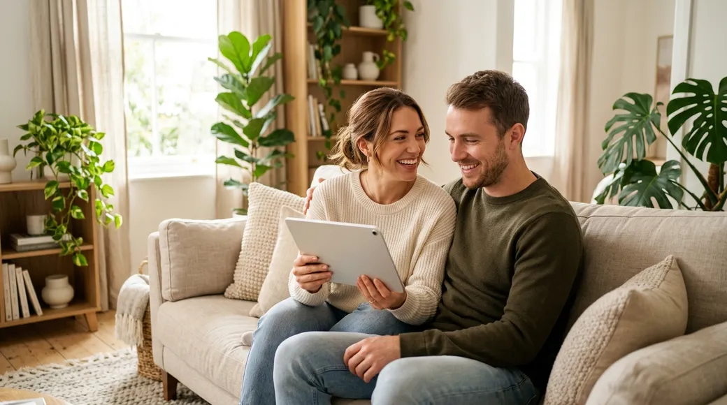 A relieved couple reviewing their finances together