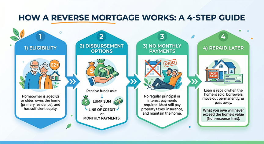 How a reverse mortgage works, a 4-step guide: 1) Eligibility — you're 62 or older and live in the home as your primary residence; 2) Disbursement options — receive funds as a lump sum, line of credit, or monthly payments; 3) No required monthly payment while you live there; 4) Repaid later — the loan is settled when you sell, move out, or pass away.
