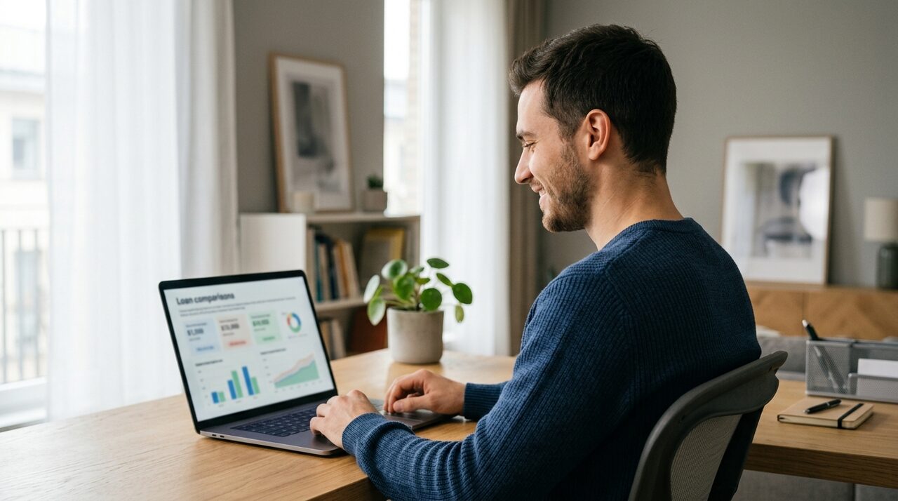A man in a home office comparing loan rate options side by side on a laptop.