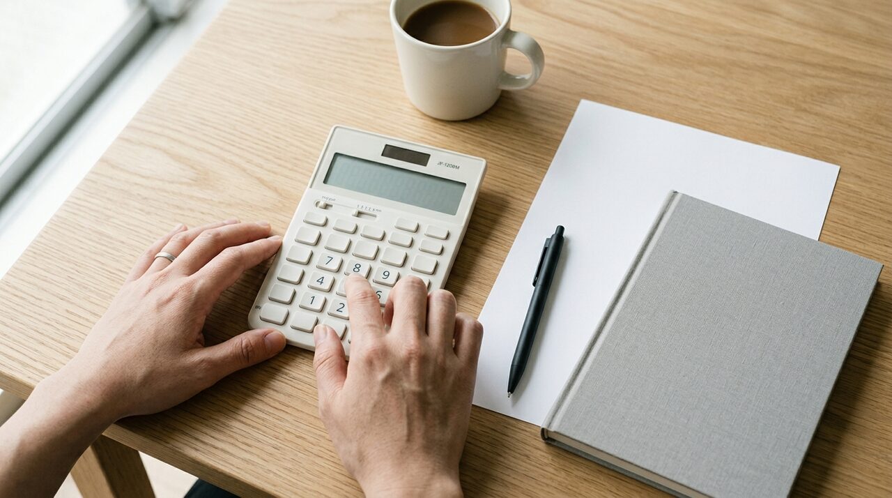 Overhead view of hands using a calculator on a desk beside a notebook and pen.