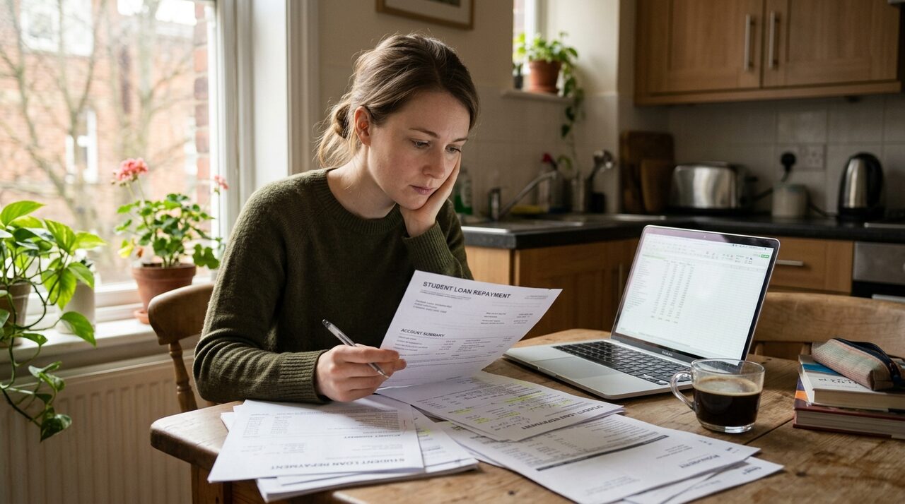 Person reviewing loan statements at a desk