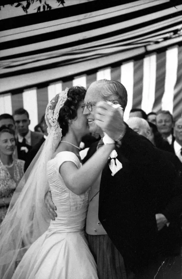 Jackie Kennedy dances with her new father-in-law. She and Joseph P. Kennedy would become close over the years. Her own father, Jack Bouvier, missed her wedding ceremony completely after getting drunk in his hotel room. (Stepfather Hugh Auchincloss walked Jackie down the aisle.)