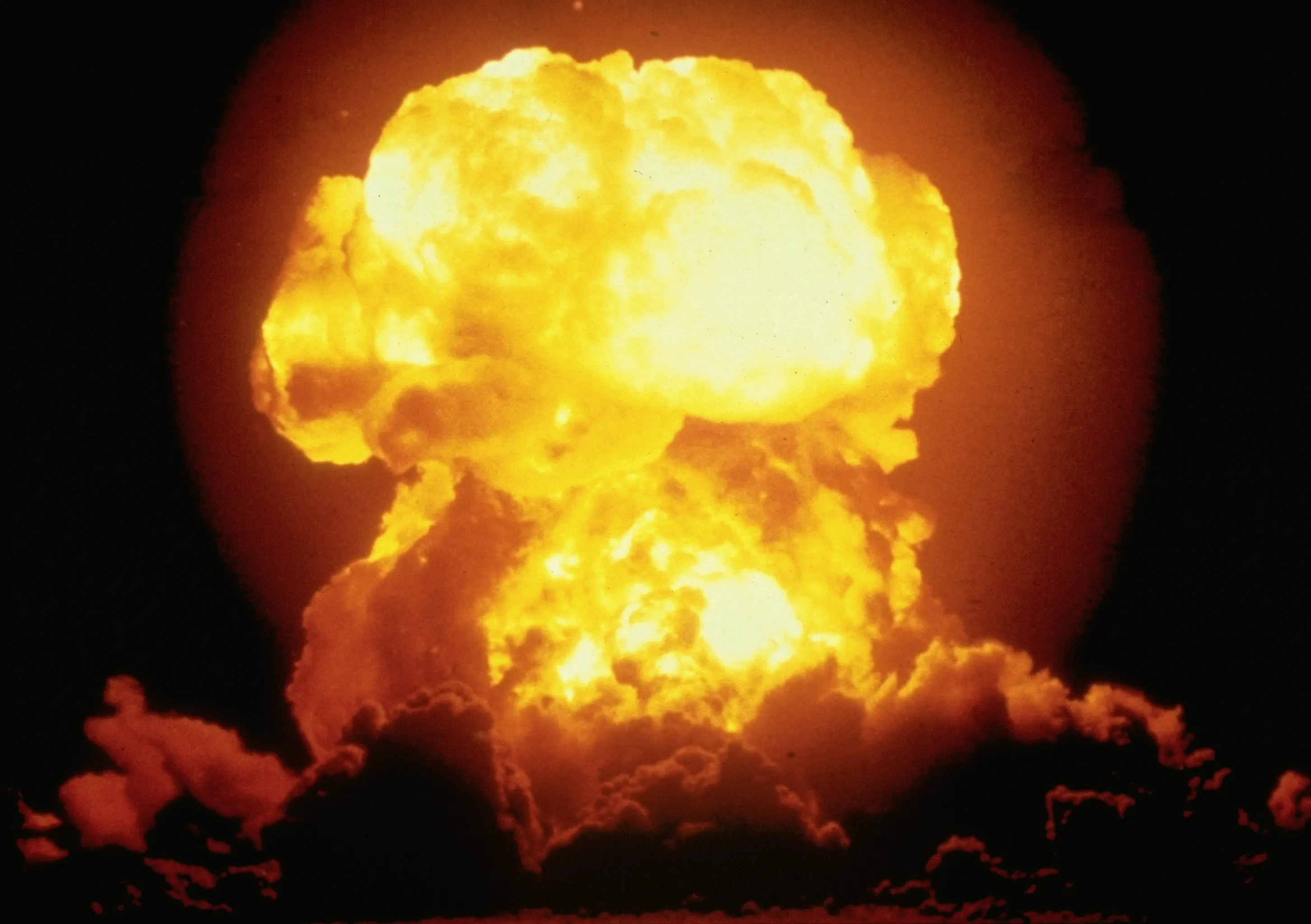 A fireball erupts after a nuclear bomb test blast over Bikini Atoll in the Pacific in 1956. The U.S. military also used the Bikini tests to research the effect of radiation on animals.