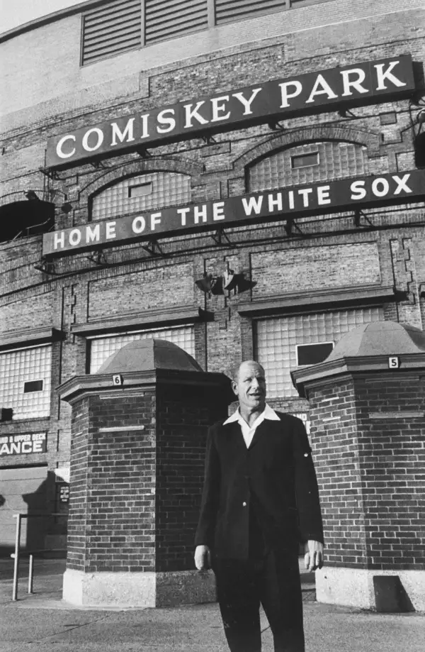 Chicago White Sox owner Bill Veeck, wearing his trademark white sport shirt. Veeck's dad was president of the Cubs in the 1930s, and it's said that 13-year-old Bill Veeck came up with the idea of adding ivy to the famous brick outfield walls at the Cubs' Wrigley Field.