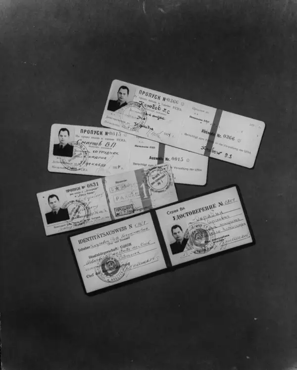 Having several seemingly authentic sets of documentation is a must for any operative in the field.  Seen here: Soviet identity cards used by Peter S. Deriabin, the highest ranking USSR official to defect to the West. Deriabin worked for the forerunner of the KGB, and even served as Stalin's personal body guard at one point. The CIA called the value of the intelligence gained from his defection  incalculable.