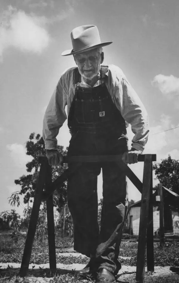 Lundy walks through his yard, using a sawhorse for support. He died in September 1957; depending on whether you believe him or census records, he was either 109 or 97.