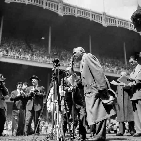 An ailing Sultan of Swat thanks an overflow crowd at Yankee Stadium on  Babe Ruth Day  in 1947.