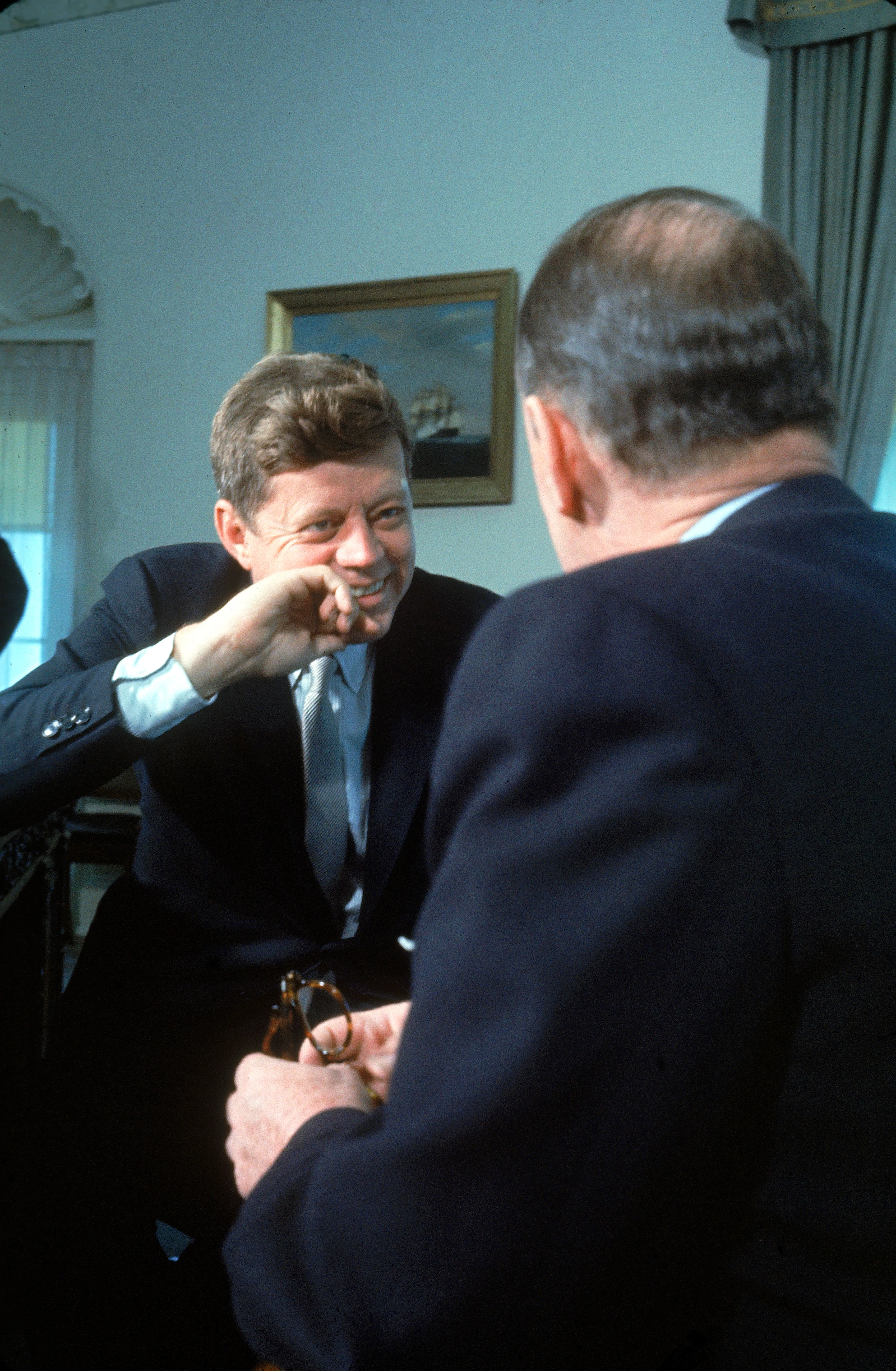 President John F. Kennedy speaks with U.S. Ambassador to the UN Adlai Stevenson at the White House in April 1961. That month, Stevenson unwittingly lied to the United Nations, saying the CIA had not backed the Bay of Pigs invasion. When he found out the White House had deceived him, he nearly resigned.