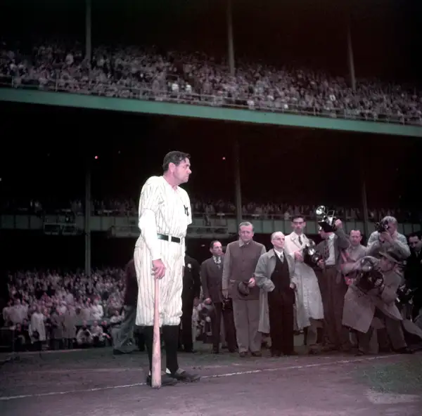 Babe Ruth waits to speak at Yankee Stadium, June 13, 1948, the day the Bombers retired his uniform number.