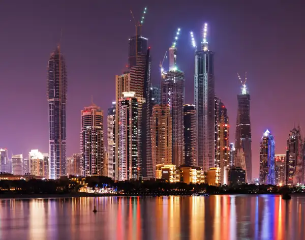 Spectacular skyline at night, Dubai Marina, Dubai, United Arab Emirates, Middle East