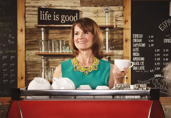 Vicky Lewis in her Dripping Springs, Texas coffee shop