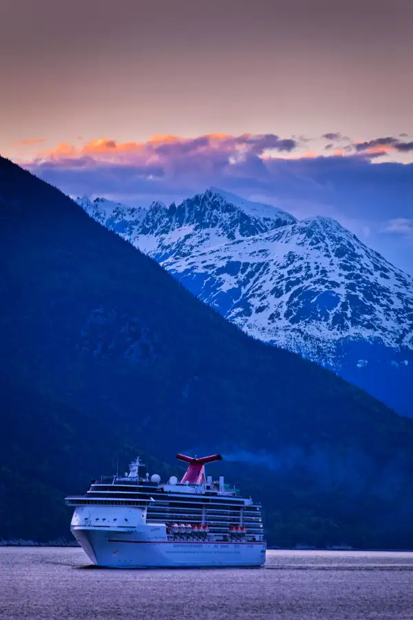 Carnival Cruise Spirit sailing through Lynn Canal at sunset