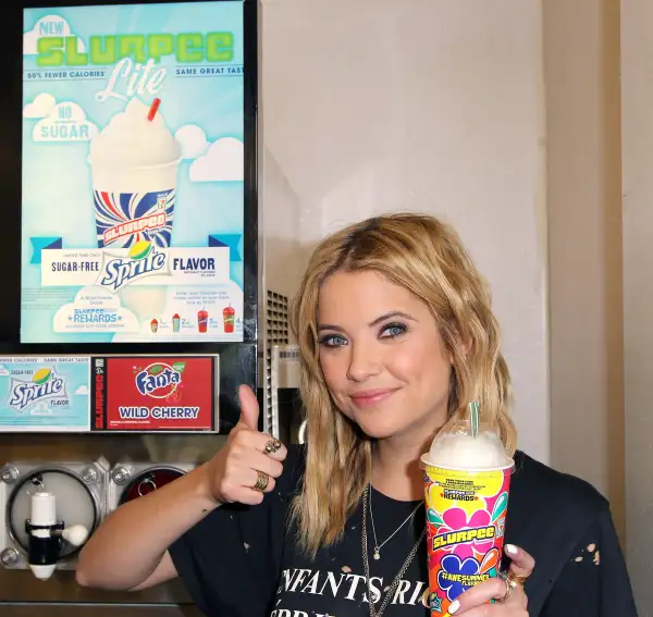 Actress Ashley Benson of ABC's hit TV show  Pretty Little Liars  takes ceremonial first slurpee sip