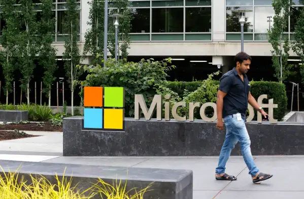 Microsoft logo outside the Microsoft Visitor Center in Redmond, Wash.