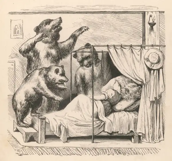 The three bears discover goldilocks asleep in their bed they are not amused...