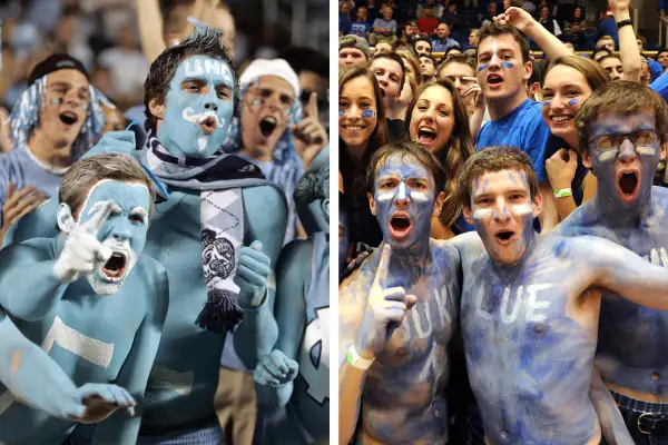 Left: University of North Carolina Tarheels fans.  Right: Duke University Blue Devils fans.