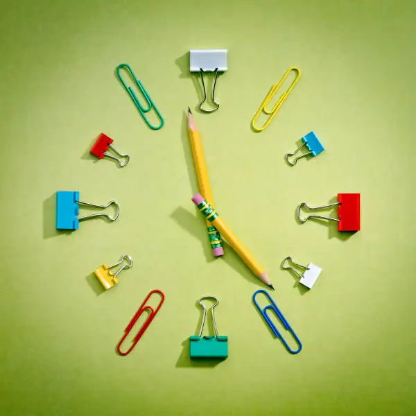 School supplies arranged in clock face formation