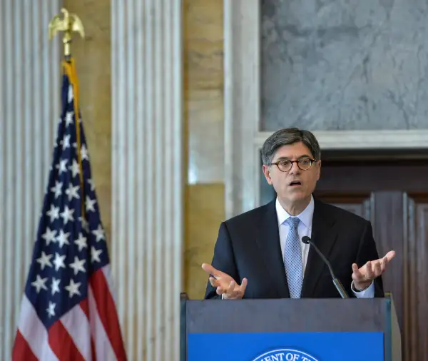 U.S. Treasury Secretary Jacob Lew speaks in the Cash Room of the Treasury Department in Washington D.C.