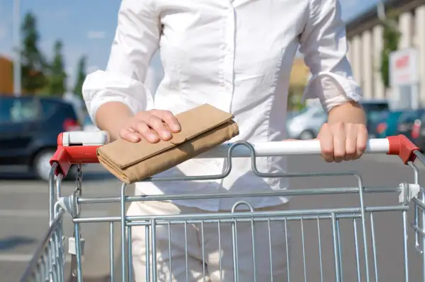 woman with shopping cart and wallet