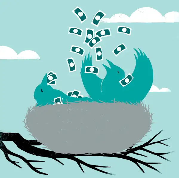 Birds in nest throwing money in the air