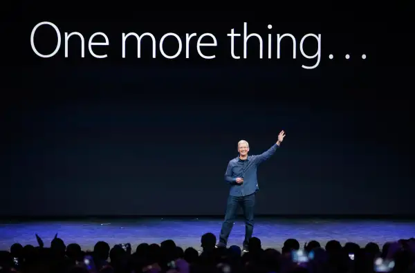 Apple CEO Tim Cook speaks on stage during an Apple event at the Flint Center in Cupertino, California.