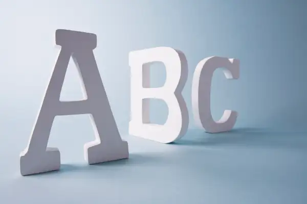 Studio shot of letters A, B and C