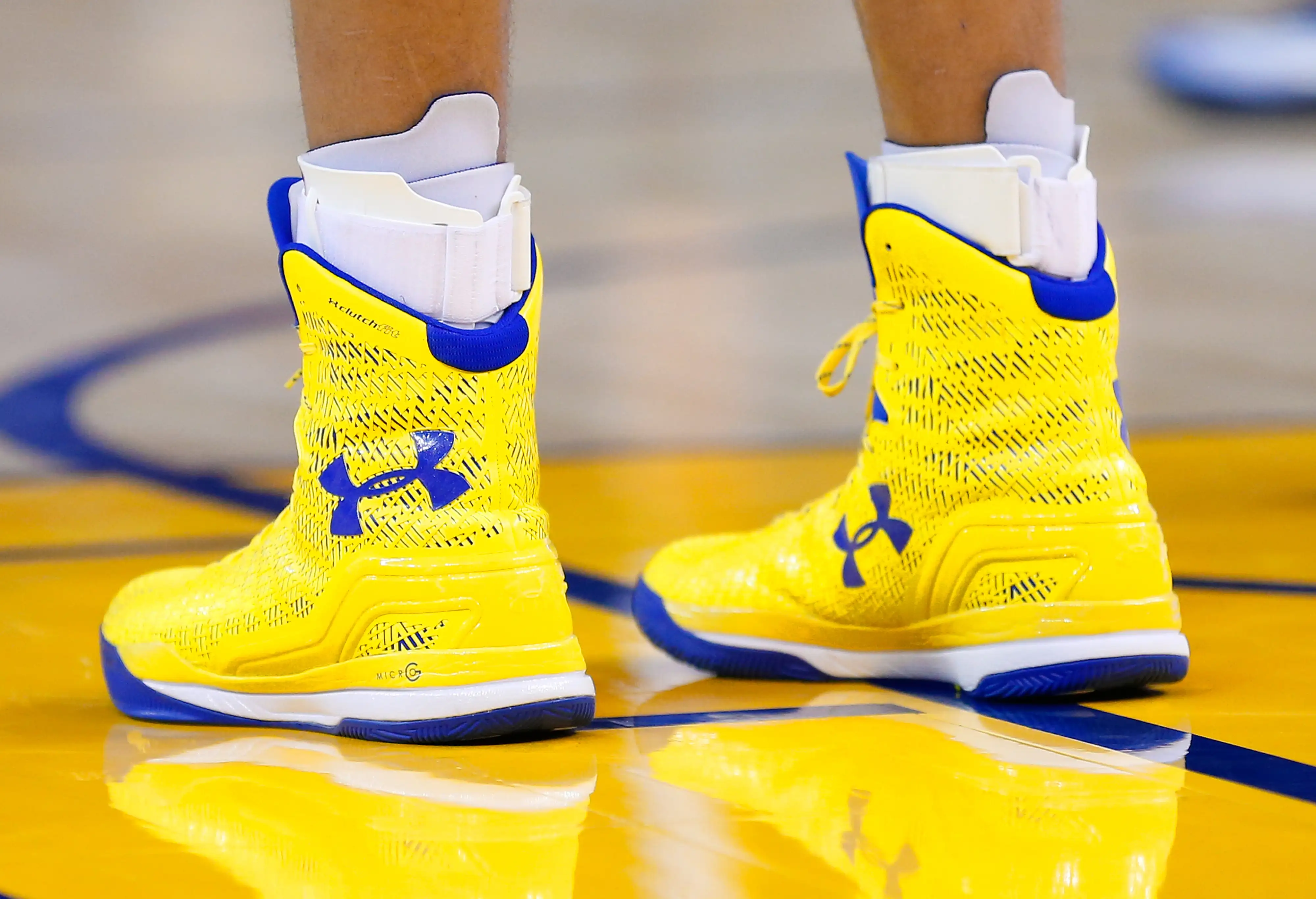 A detailed view of the Under Armour basketball shoes worn by Golden State Warriors guard Stephen Curry #30 against the Utah Jazz at ORACLE Arena on November 21, 2014 in Oakland, California.