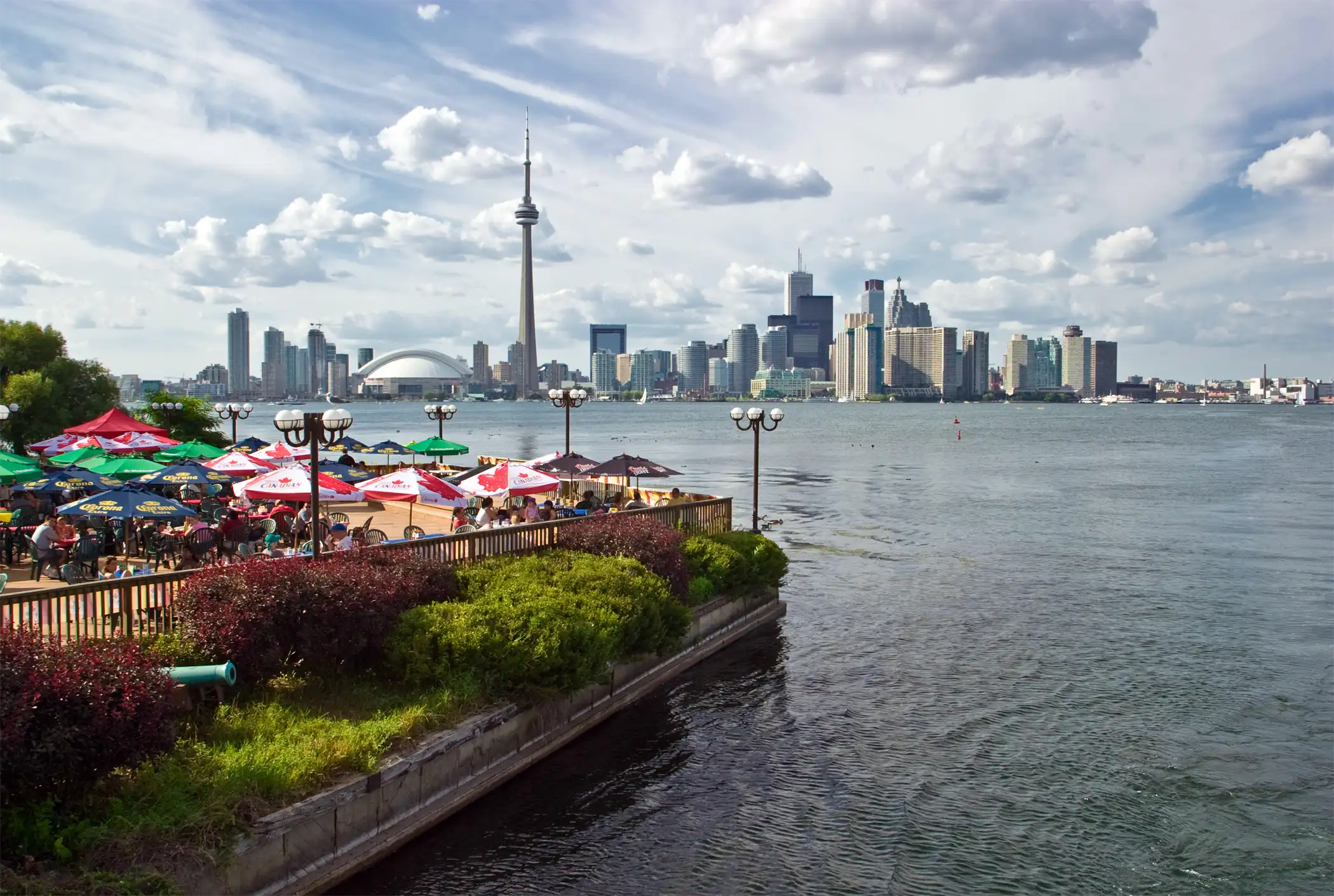Toronto downtown panorama view from Centre Island, restaurant in foreground.