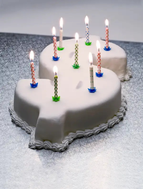 Dollar sign birthday cake with candles on top