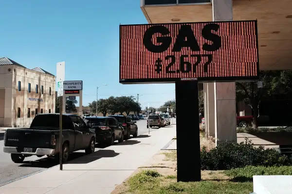 The price of gas is displayed in downtown Midland on February 4, 2015 in Midland, Texas.