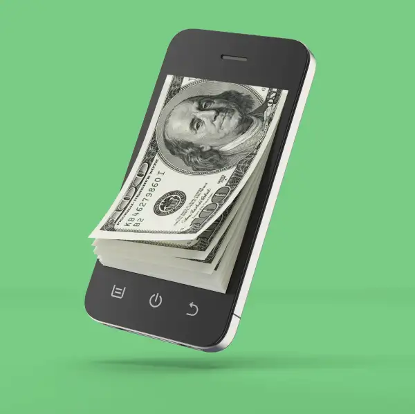 $100 bills peeling off screen of cell phone