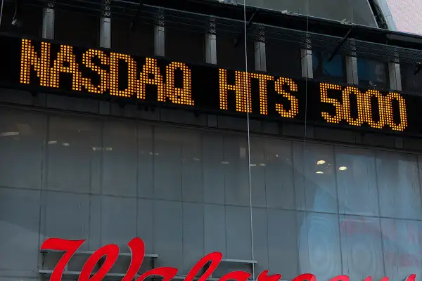 The Times Square news-ticker announces the NASDAQ composite index topping 5,000 points on March 2, 2015 in New York City. The NASDAQ composite climbed over 5,000 points for the first time in 15 years.