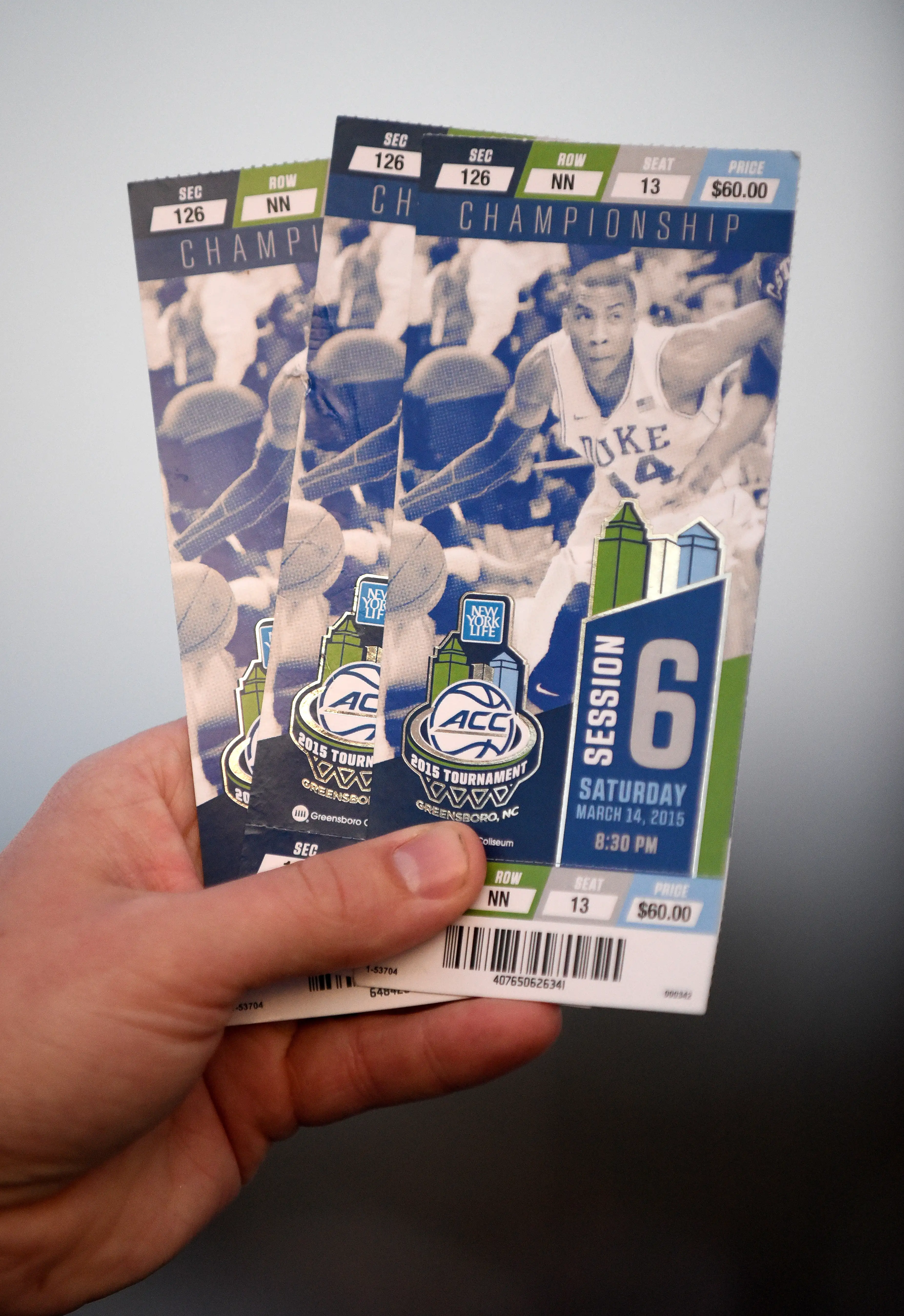 Tickets for the championship game with former Duke Blue Devil player Rasheed Sulaimon ahead of the game betweeen the North Carolina Tar Heels and Notre Dame Fighting Irish for the 2015 ACC Basketball Tournament Championship game at Greensboro Coliseum on March 14, 2015 in Greensboro, North Carolina.
