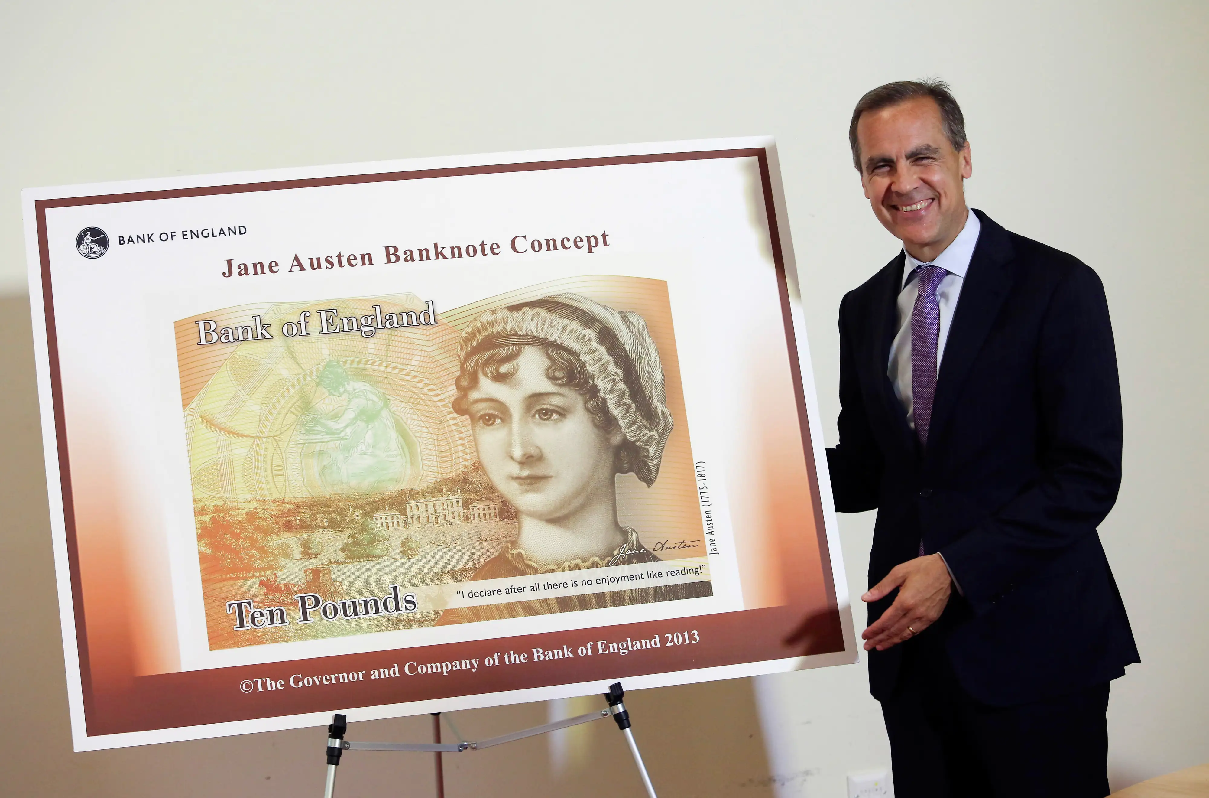Jane Austen to feature on banknote. Mark Carney, the Governor of the Bank of England, with the ten pound note featuring Jane Austen at the Jane Austen House Museum in Chawton, near Alton. The Austen note will be issued within a year of the Churchill £5 note, which is targeted for issue during 2016.