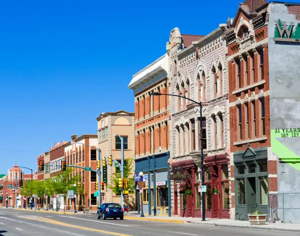 Historic buildings on Lincoln Highway, West 16th Street in downtown Cheyenne, Wyoming