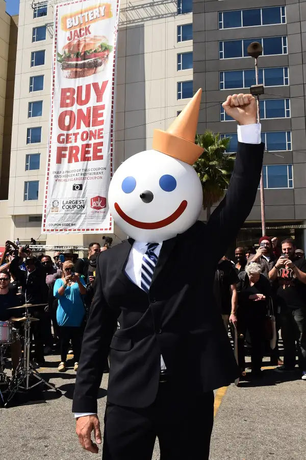 Fast food icon, Jack, of Jack in the Box, makes a rare public appearance to celebrate capturing the Guinness World Record title for the world's Largest coupon on Wednesday, Mar. 25, 2015 in Los Angeles. Fans can get their own Buttery Jack Burgers at their local Jack in the Box by sharing shots of the #WorldsLargestCoupon.