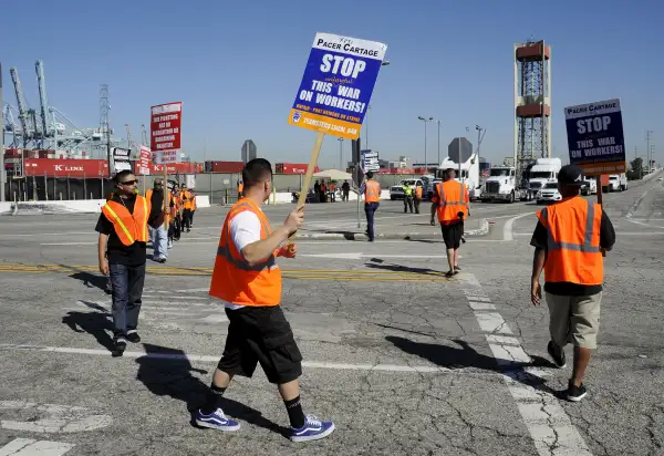 Striking trucker drivers and members of the International Brotherhood of Teamsters walk the picket line at the Port of Long Beach in California, United States April 27, 2015. Tractor-trailer drivers who haul freight from the ports of Los Angeles and Long Beach went on strike on Monday against four trucking companies, a Teamster union official said, in a move that could revive labor tension at the nation's busiest cargo hub. The port drivers accuse the trucking companies of wage theft by illegally misclassifying them as independent contractors, deducting truck-leasing charges and other expenses from their paychecks. The truckers are demanding to be reclassified as company employees with the right to union representation.