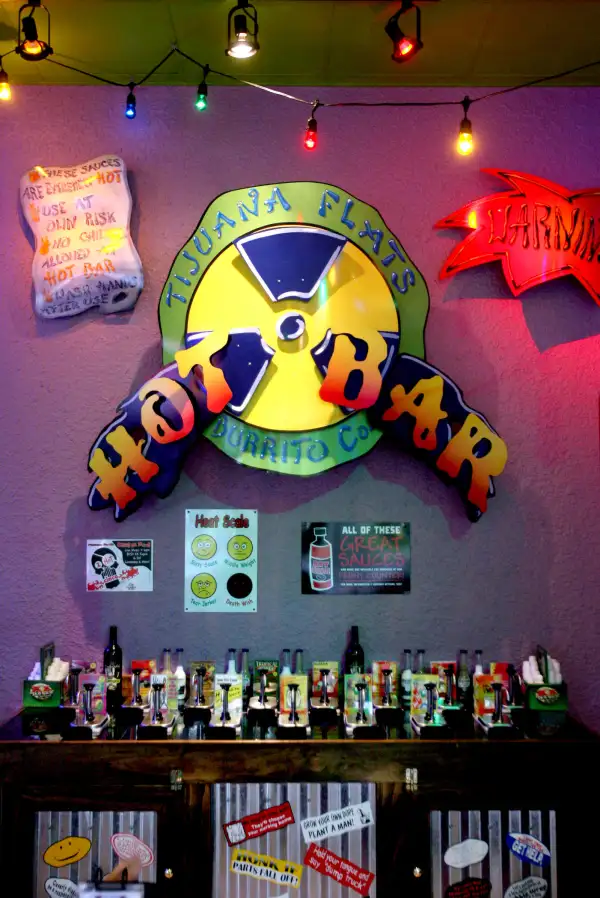 The taco sauce bar at Tijuana Flats restaurant, Palm Beach Gardens